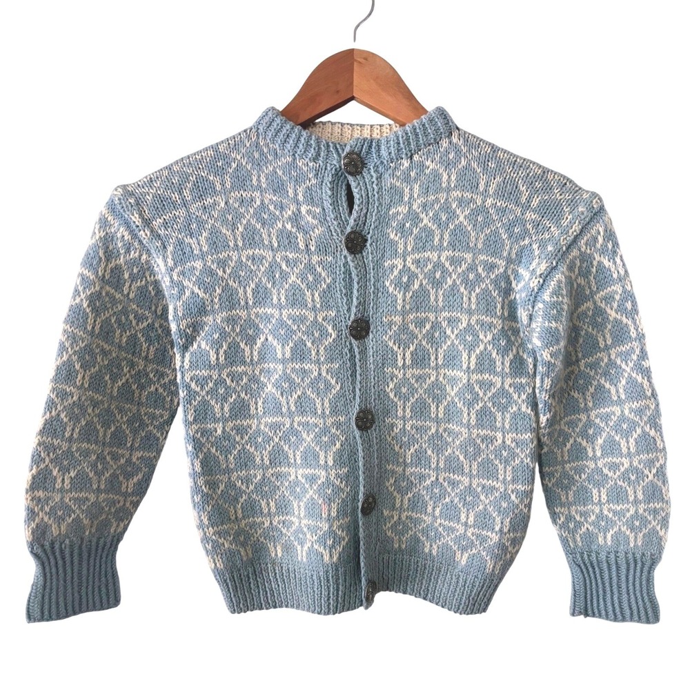 Handknit Wool Norwegian‎ Cardigan Sweater Blue Fair Isle Metal Buttons kids